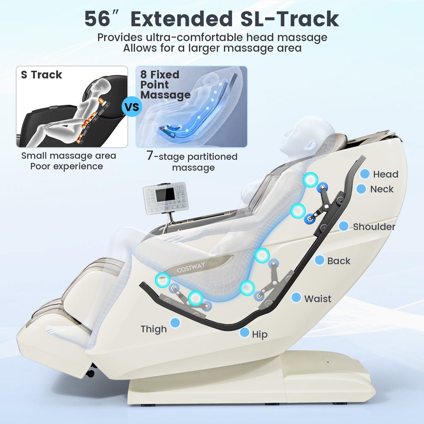 Costway SL Track 3D Massage Chair, Full Body Zero Gravity Massage Recliner with Airbags, Waist & Calves Heating, Foot Rollers, Thai Stretch, Voice Control, Auto Shoulder Detection, Bluetooth Speaker, 22 Auto Modes, JL10036WL-BN