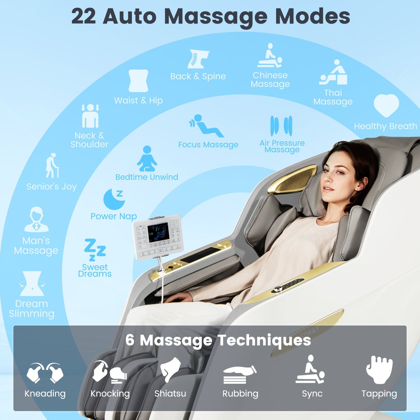 Costway SL Track 3D Massage Chair, Full Body Zero Gravity Massage Recliner with Airbags, Waist & Calves Heating, Foot Rollers, Thai Stretch, Voice Control, Auto Shoulder Detection, Bluetooth Speaker, 22 Auto Modes, JL10036WL-BN