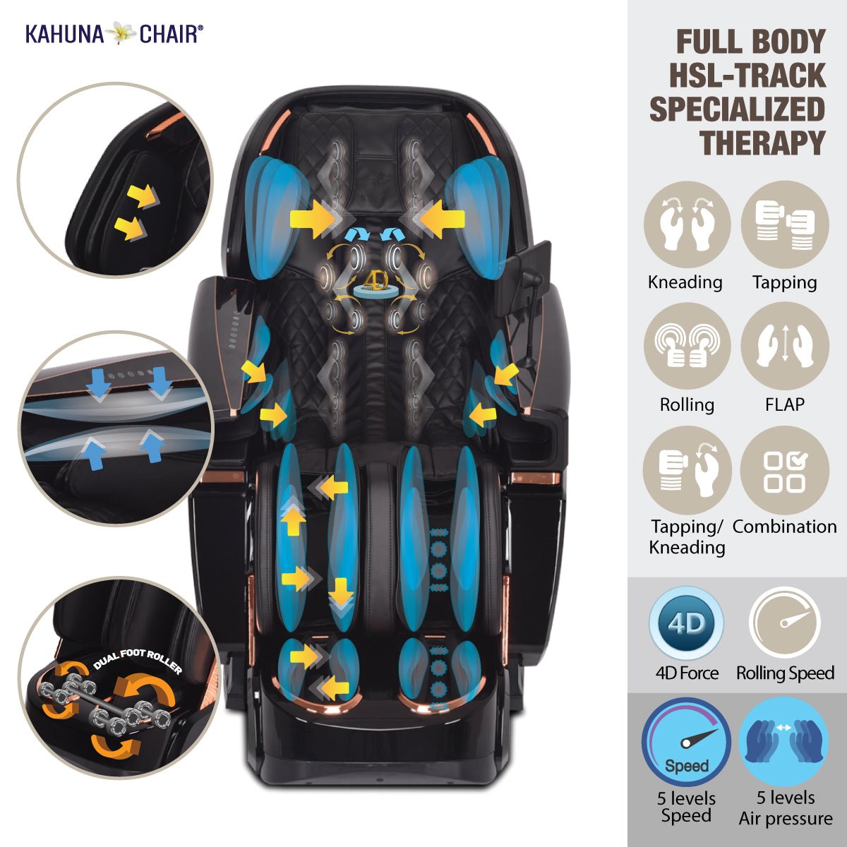 Kahuna-4D Active Stretch-3D foot Massage Chair– with Calf rollers-EM 8500