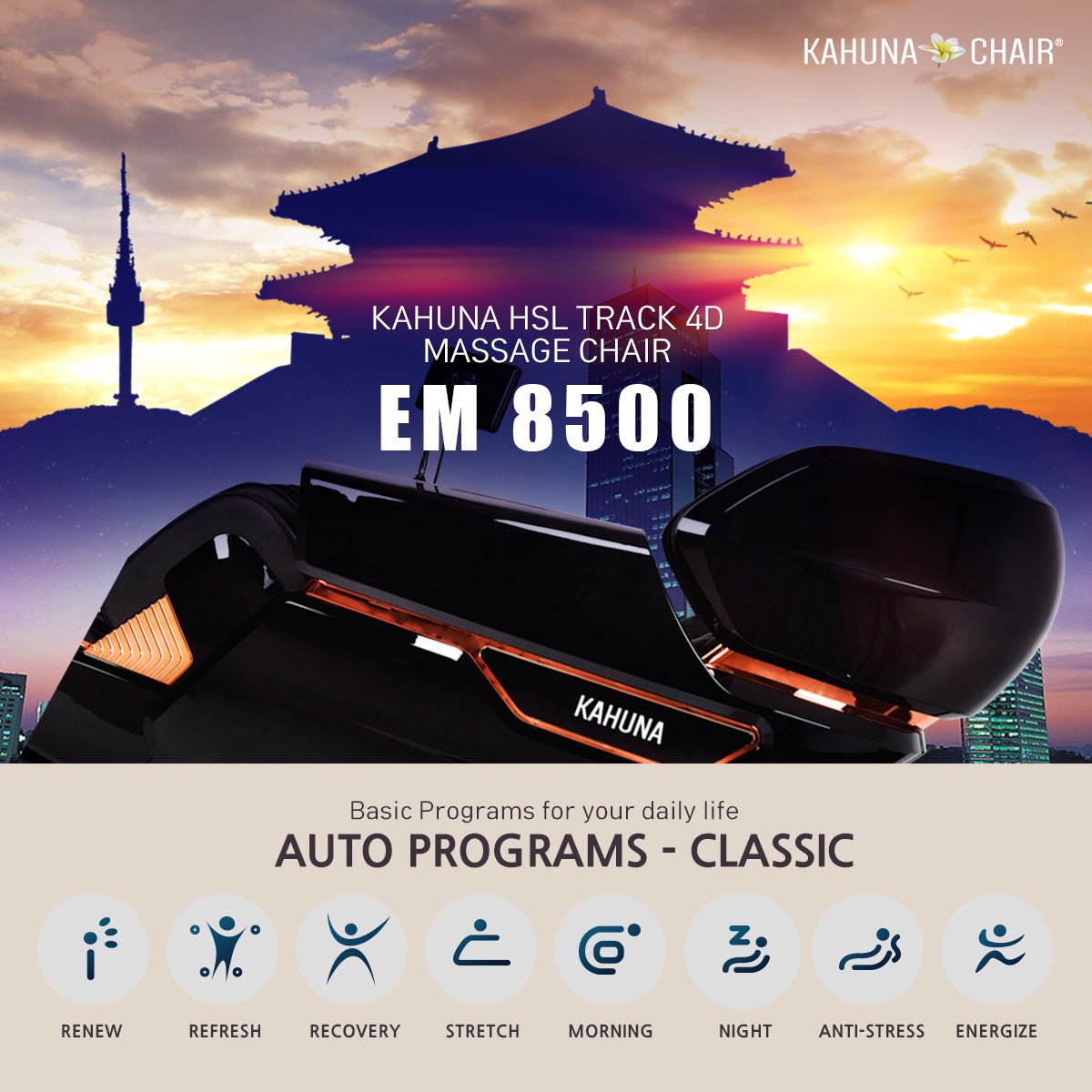 Kahuna-4D Active Stretch-3D foot Massage Chair– with Calf rollers-EM 8500