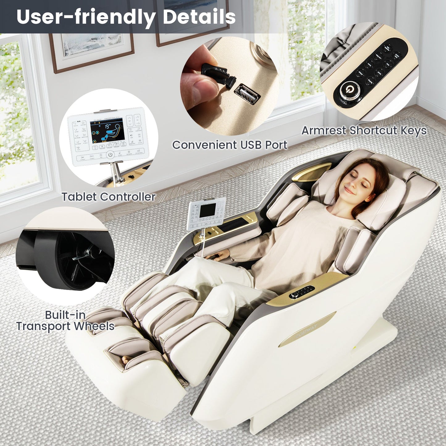 Costway SL Track 3D Massage Chair, Full Body Zero Gravity Massage Recliner with Airbags, Waist & Calves Heating, Foot Rollers, Thai Stretch, Voice Control, Auto Shoulder Detection, Bluetooth Speaker, 22 Auto Modes, JL10036WL-BN