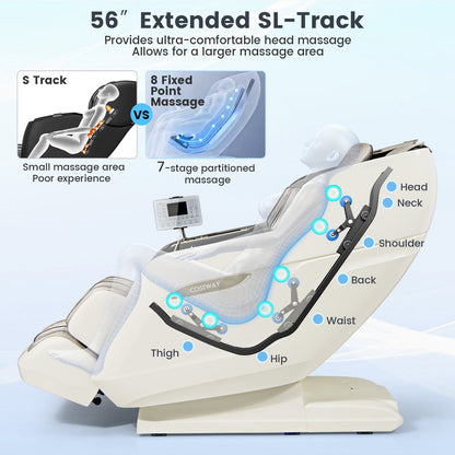 Costway SL Track 3D Massage Chair, Full Body Zero Gravity Massage Recliner with Airbags, Waist & Calves Heating, Foot Rollers, Thai Stretch, Voice Control, Auto Shoulder Detection, Bluetooth Speaker, 22 Auto Modes, JL10036WL-BN
