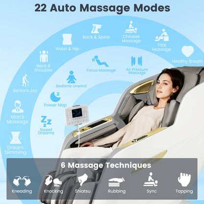 Costway SL Track 3D Massage Chair, Full Body Zero Gravity Massage Recliner with Airbags, Waist & Calves Heating, Foot Rollers, Thai Stretch, Voice Control, Auto Shoulder Detection, Bluetooth Speaker, 22 Auto Modes, JL10036WL-BN