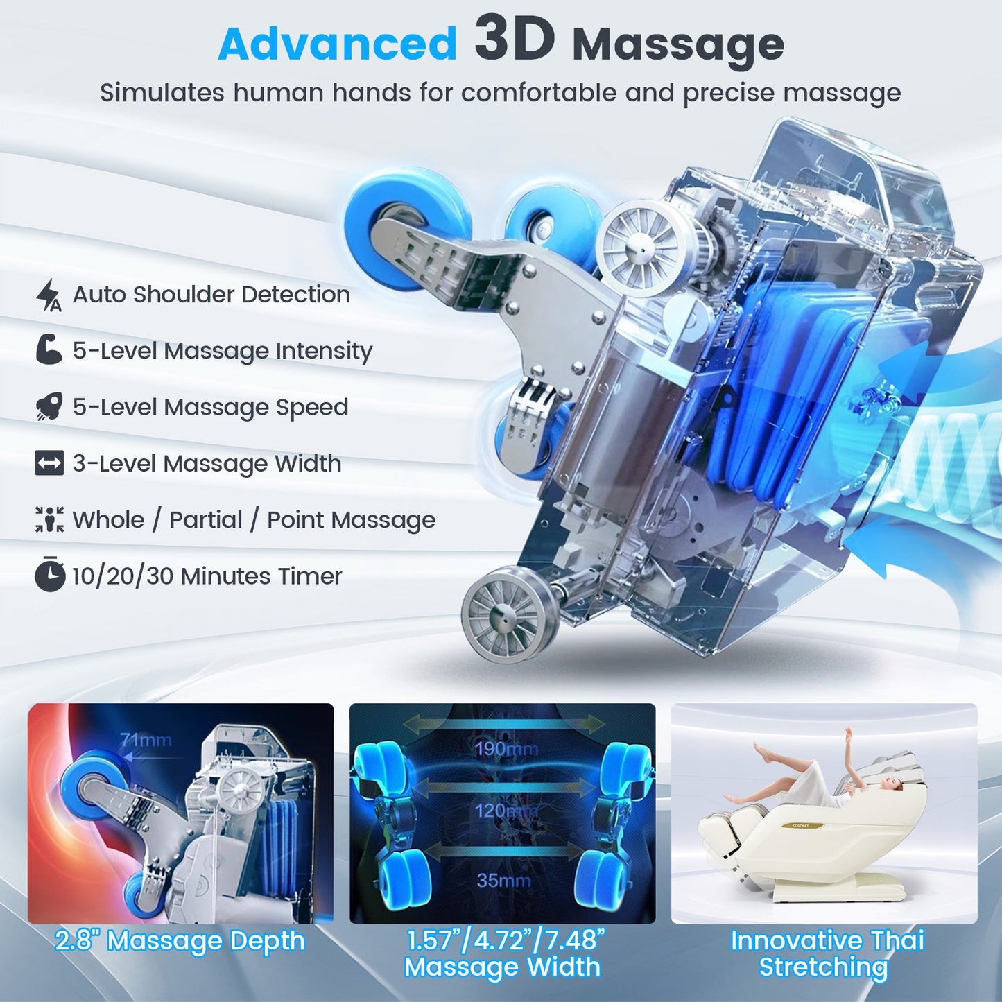 Costway SL Track 3D Massage Chair, Full Body Zero Gravity Massage Recliner with Airbags, Waist & Calves Heating, Foot Rollers, Thai Stretch, Voice Control, Auto Shoulder Detection, Bluetooth Speaker, 22 Auto Modes, JL10036WL-BN