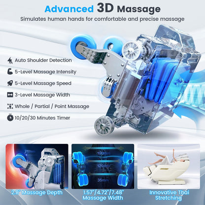 Costway SL Track 3D Massage Chair, Full Body Zero Gravity Massage Recliner with Airbags, Waist & Calves Heating, Foot Rollers, Thai Stretch, Voice Control, Auto Shoulder Detection, Bluetooth Speaker, 22 Auto Modes, JL10036WL-BN