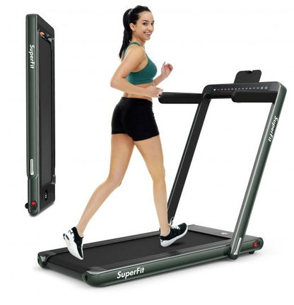 COSTWAY - 2-in-1 Electric Motorized Health and Fitness Folding Treadmill with Dual Display and Speaker-Green
