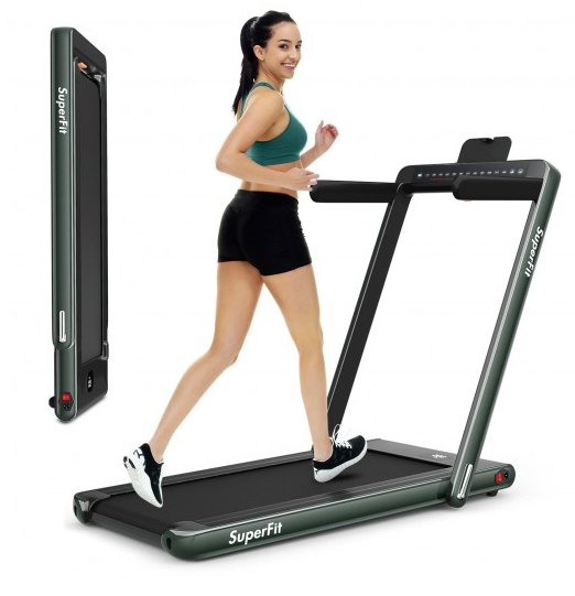 COSTWAY - 2-in-1 Electric Motorized Health and Fitness Folding Treadmill with Dual Display and Speaker-Green