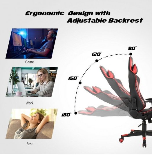 COSTWAY - Massage Gaming Chair with Lumbar Support and Headrest