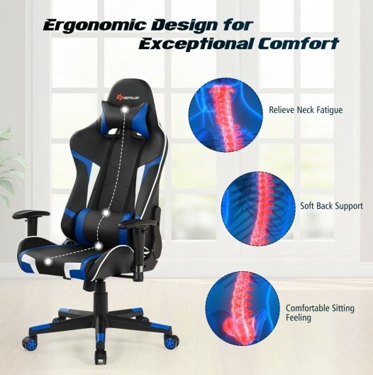 COSTWAY - Reclining Swivel Massage Gaming Chair with Lumbar Support